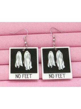 Beetlejuice "No Feet" square earrings hook back light wearing